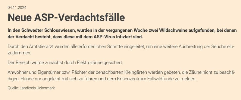 Screenshot des Bericht zum Verdacht der ASP an der Querfahrt